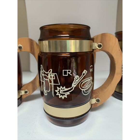 Vintage Set of 4 Siesta Ware Amber Glass Mugs Wood Handle Cowboy Barrel 12oz - Picture 3 of 5